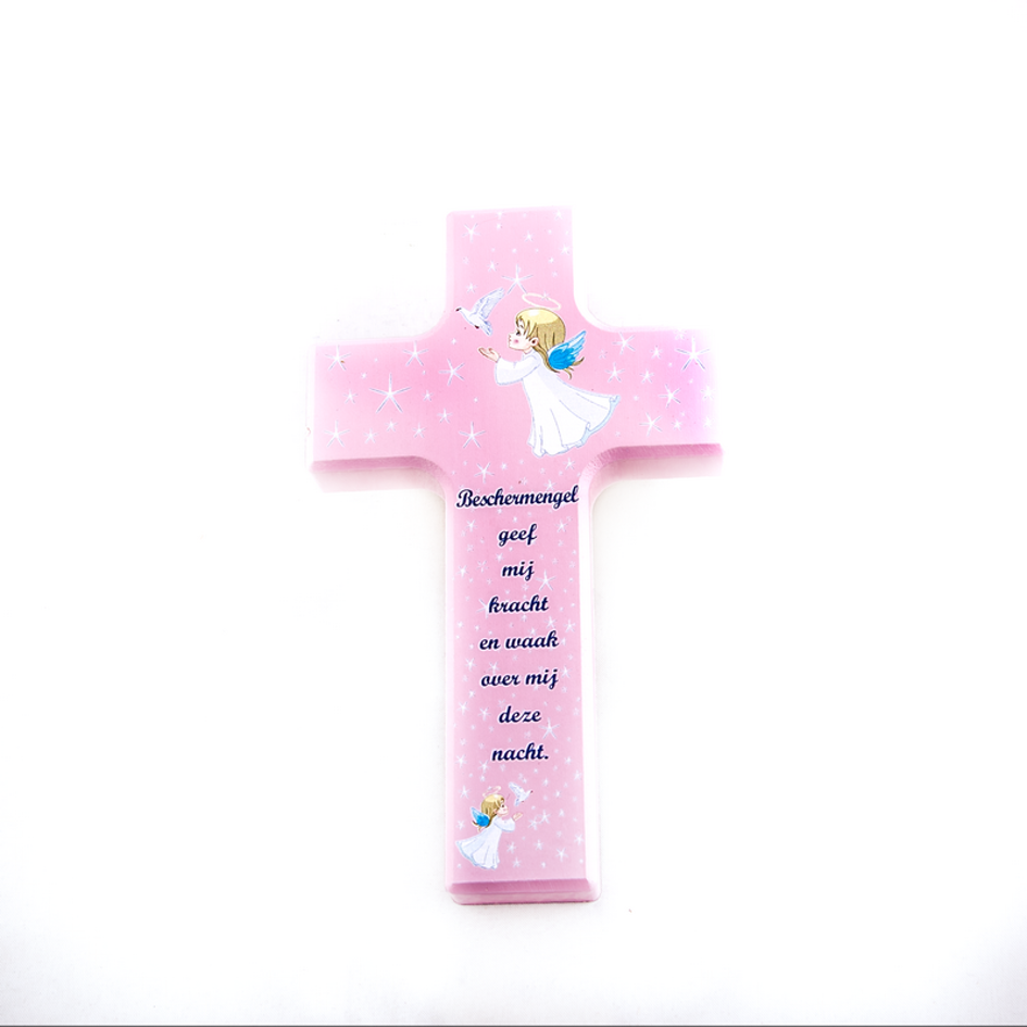 Kind Kruis van Hout meisje Roze 15 x 9 cm Doopel en Heilige Eerste Communie webshop te koop